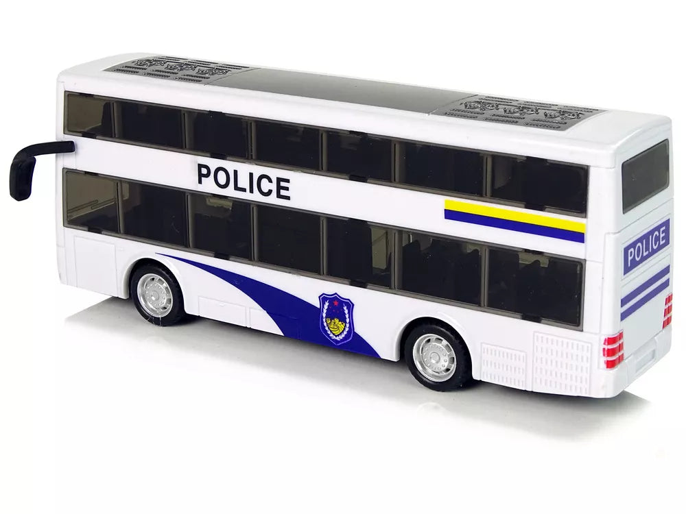 Baltas dviaukštis policijos autobusas