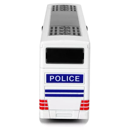 Baltas dviaukštis policijos autobusas