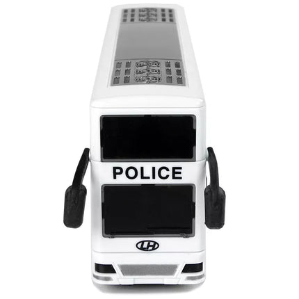 Baltas dviaukštis policijos autobusas