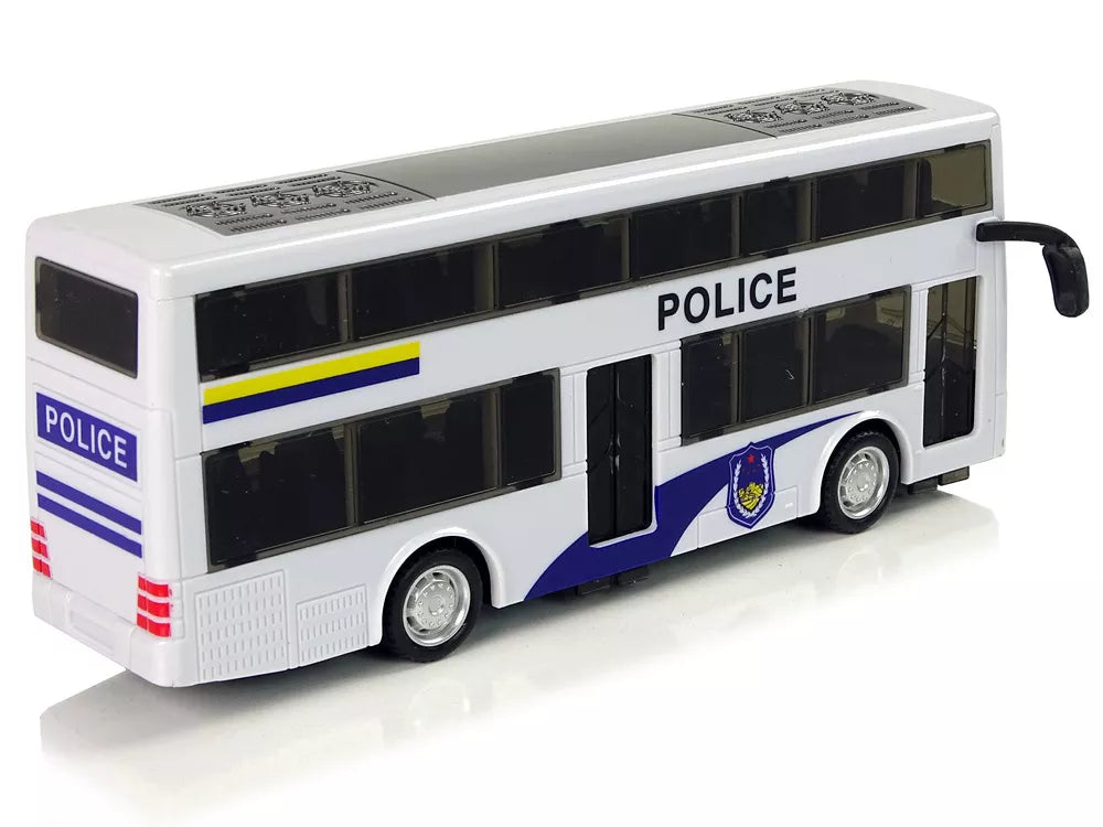 Baltas dviaukštis policijos autobusas