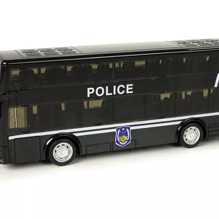 Juodas dviaukštis policijos autobusas
