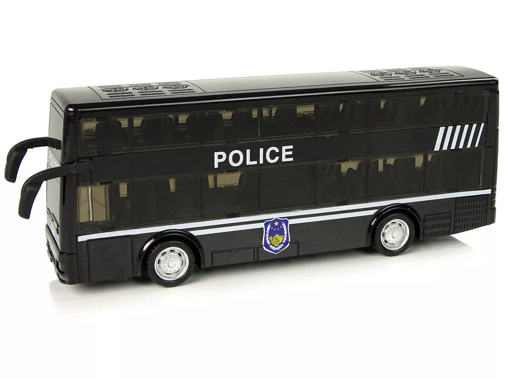 Juodas dviaukštis policijos autobusas