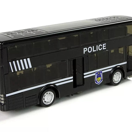 Juodas dviaukštis policijos autobusas