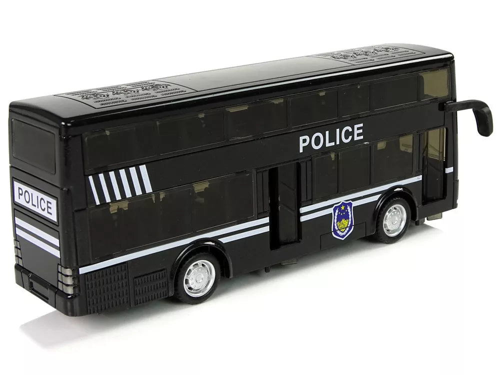Juodas dviaukštis policijos autobusas