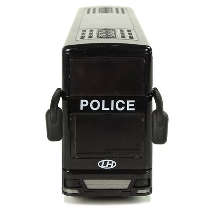 Juodas dviaukštis policijos autobusas