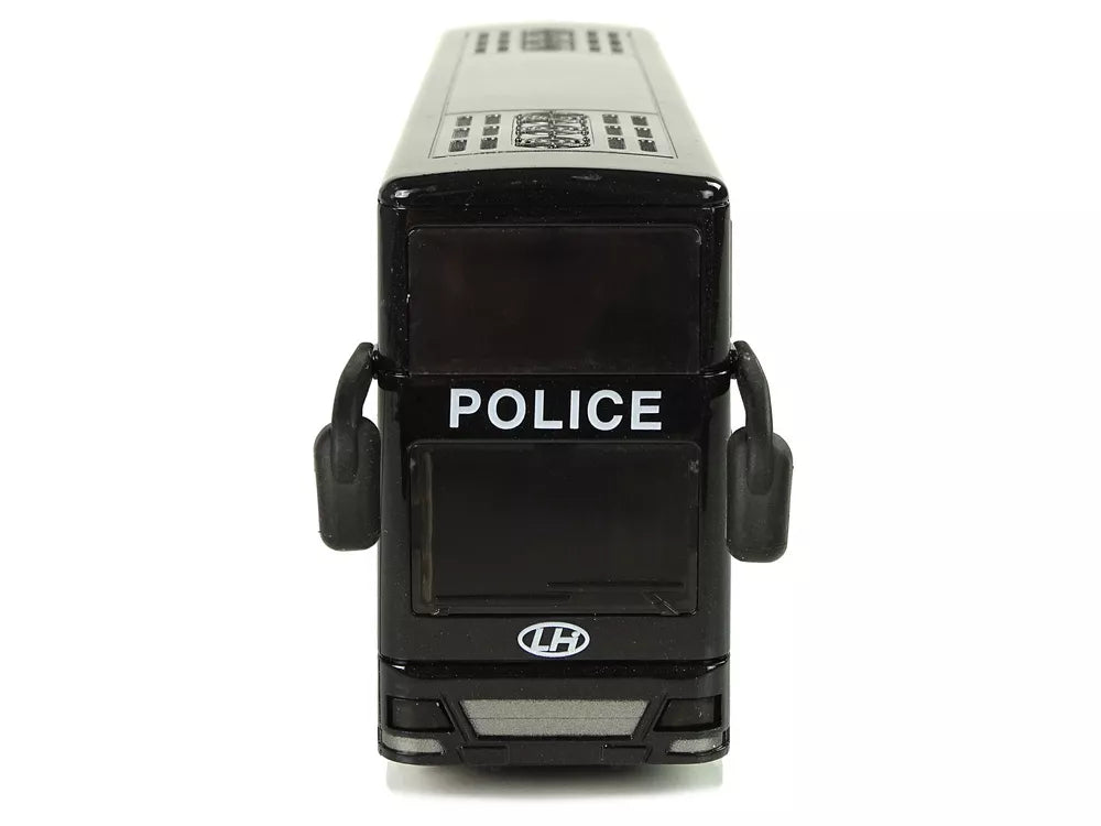 Juodas dviaukštis policijos autobusas