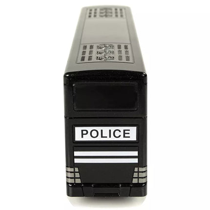 Juodas dviaukštis policijos autobusas