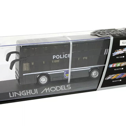 Juodas dviaukštis policijos autobusas