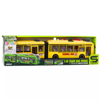 Geltonas mokyklinis autobusas su šviesų ir garso efektais