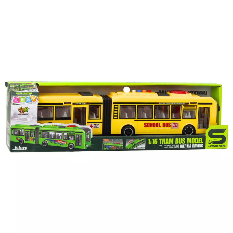 Geltonas mokyklinis autobusas su šviesų ir garso efektais