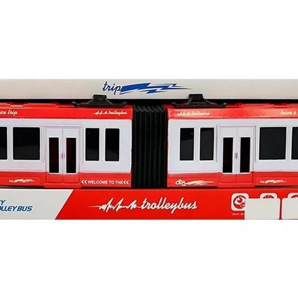 Raudonas šarnyrinis autobusas su trinties pavara