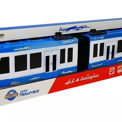 Mėlynas šarnyrinis autobusas su trinties pavara