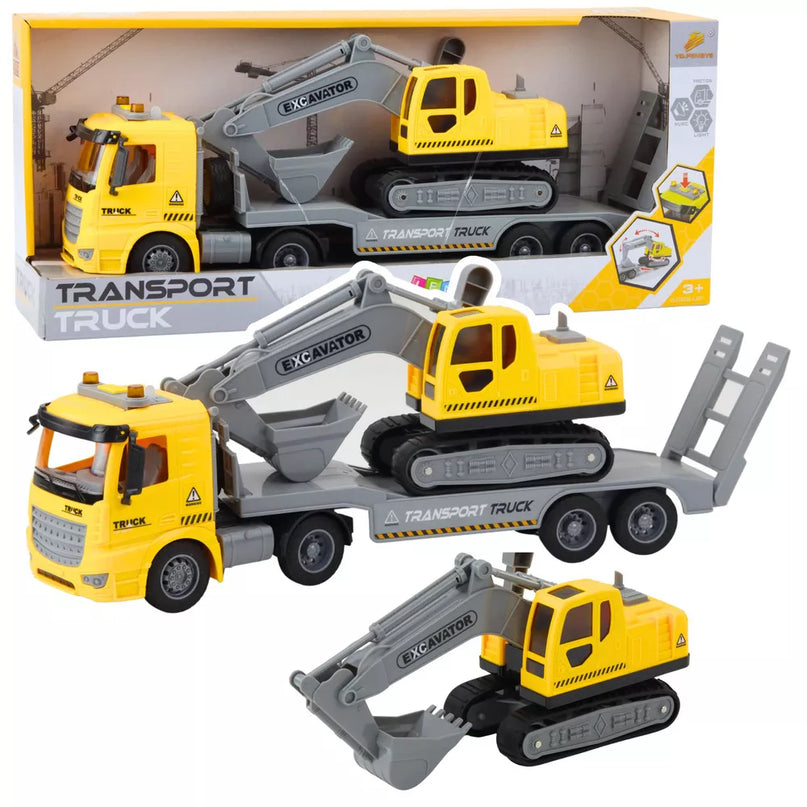 Geltona vilkikas su vikšriniu ekskavatoriumi