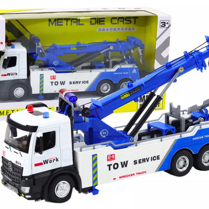 Baltas/mėlynas sunkvežimis su kranu ir dviem kabliais