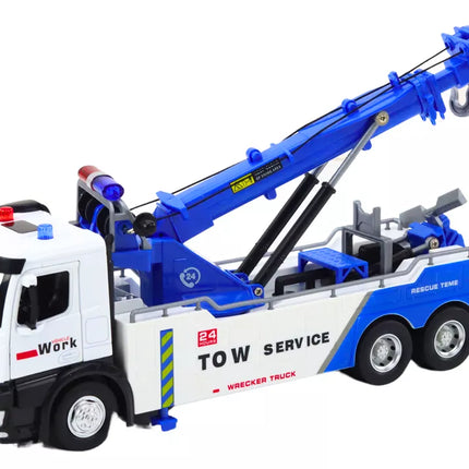 Baltas/mėlynas sunkvežimis su kranu ir dviem kabliais