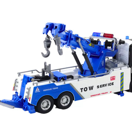 Baltas/mėlynas sunkvežimis su kranu ir dviem kabliais