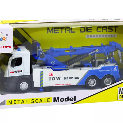 Baltas/mėlynas sunkvežimis su kranu ir dviem kabliais