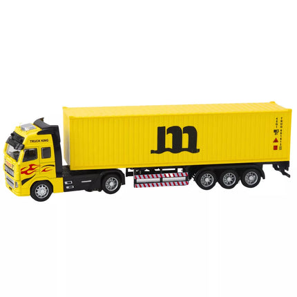 Geltonas sunkvežimis su konteineriu ir atidaromomis durimis