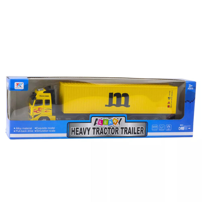 Geltonas sunkvežimis su konteineriu ir atidaromomis durimis