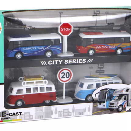 Kemperių ir autobusų rinkinys su kelio ženklais