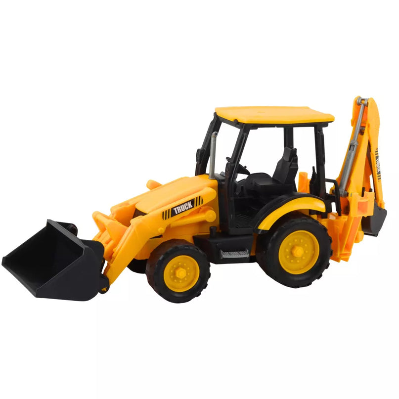 Geltonas ekskavatorius su dviem kaušais