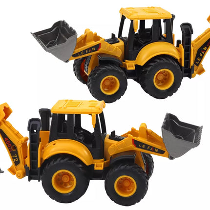 Geltonas ekskavatorius su dviem reguliuojamais kaušais