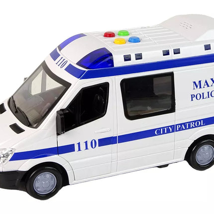 Baltas policijos automobilis su garso ir šviesių efektu