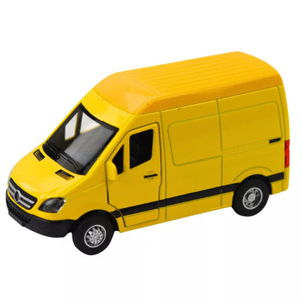 Geltonas pristatymo autobusas su šviesos ir garso efektu