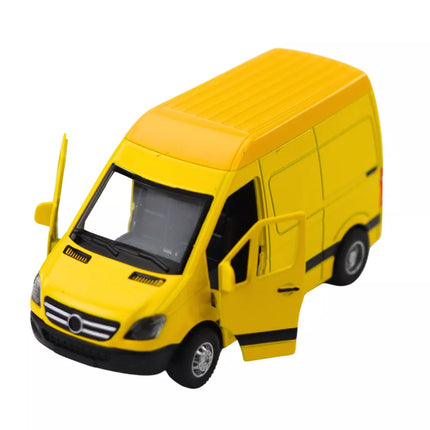 Geltonas pristatymo autobusas su šviesos ir garso efektu