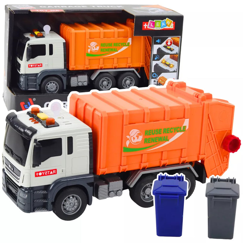 Oranžinė šiukšliavežė su konteineriais ir garso efektu