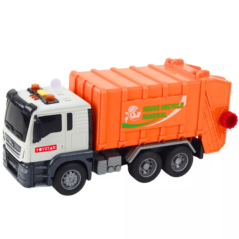 Oranžinė šiukšliavežė su konteineriais ir garso efektu