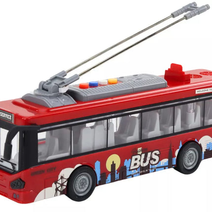 Žaislinis raudonas troleibusas su garso ir šviesos efektais