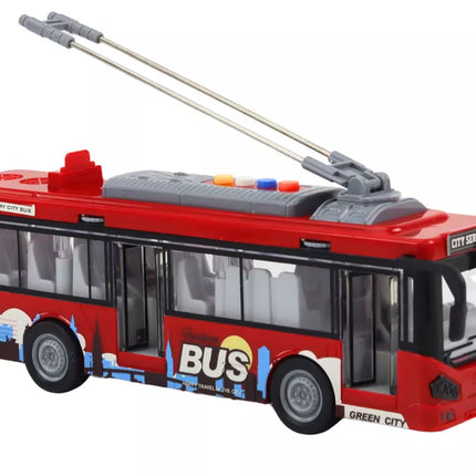 Žaislinis raudonas troleibusas su garso ir šviesos efektais