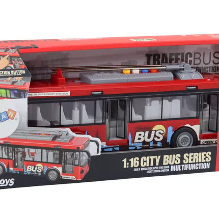 Žaislinis raudonas troleibusas su garso ir šviesos efektais