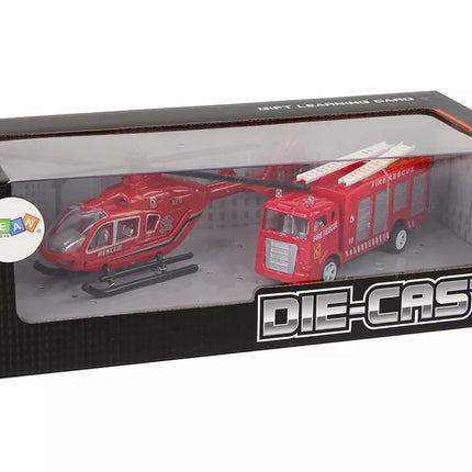 Raudonas ugniagesių automobilio komplektas su sraigtasparniu