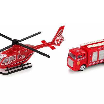 Raudonas ugniagesių automobilio komplektas su sraigtasparniu