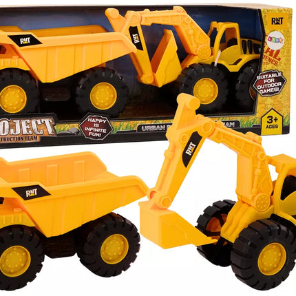 Geltonas statybinių mašinų rinkinys, ekskavatorius-savivartis