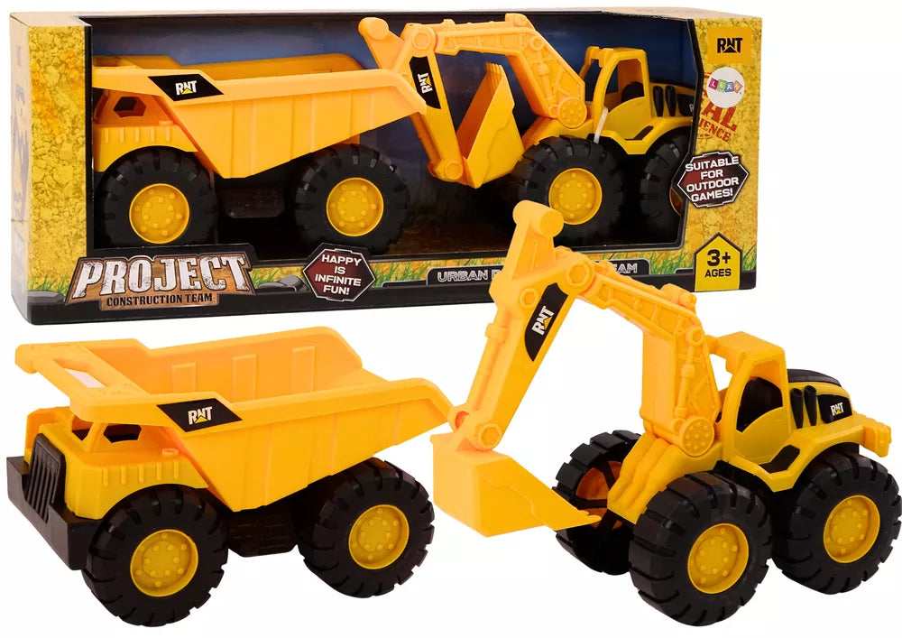 Geltonas statybinių mašinų rinkinys, ekskavatorius-savivartis