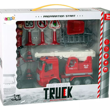 Priešgaisrinės tarnybos rinkinys su kranu ir kelio ženklais