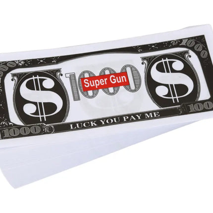 Raudona Money Gun pinigų šaudyklė – su banknotais
