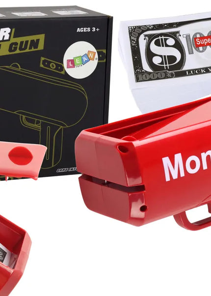 Raudona Money Gun pinigų šaudyklė – su banknotais