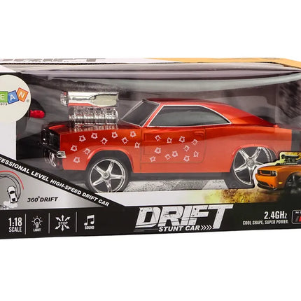 Raudonas 1:18 drifto automobilis su 360° posūkiais, šviesomis, garsais ir 2.4G valdymu