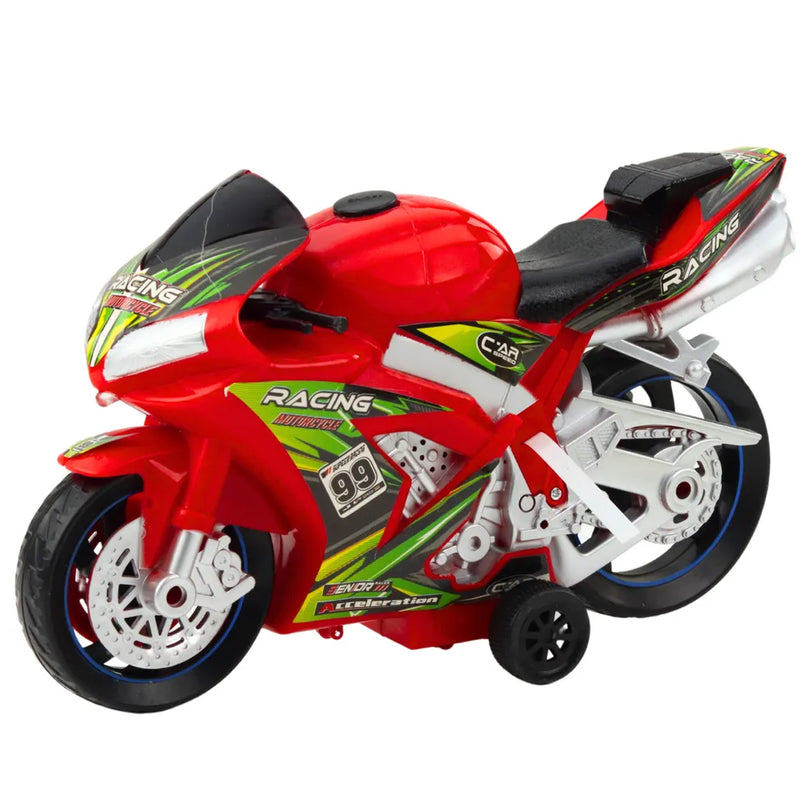 Raudonas lenktyninis žaislinis motociklas su šviesomis