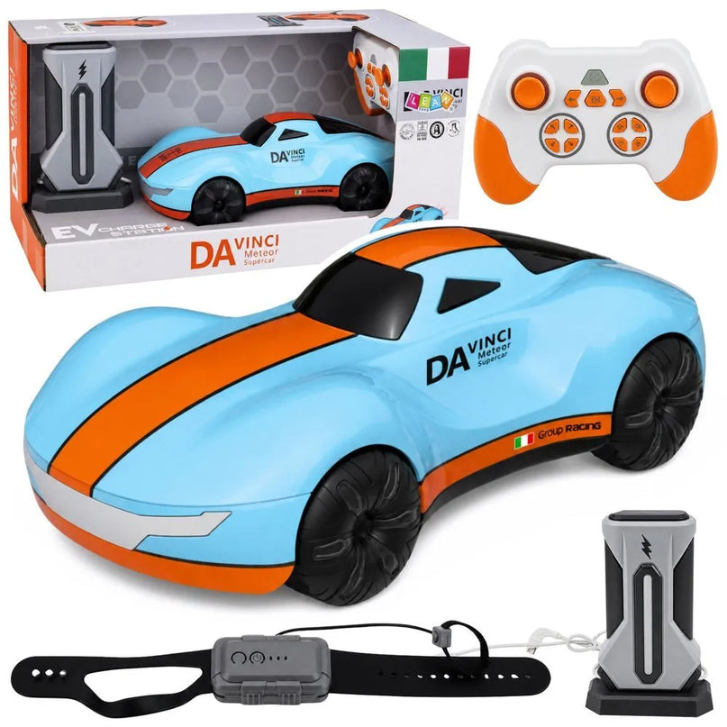 RC automobilis 1:16 su valdymu gestais, šviesomis ir dūmų efektu, mėlynas
