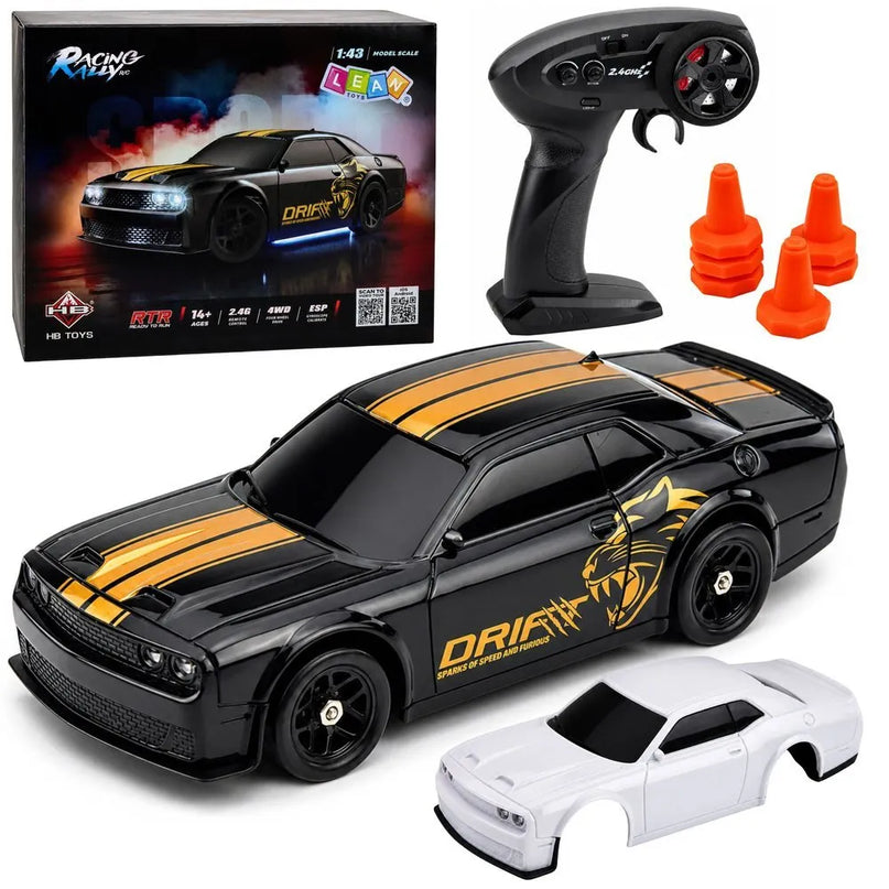 RC drifto sportinis automobilis 4WD su keičiamu kėbulu ir ratais, juodas, 1:43