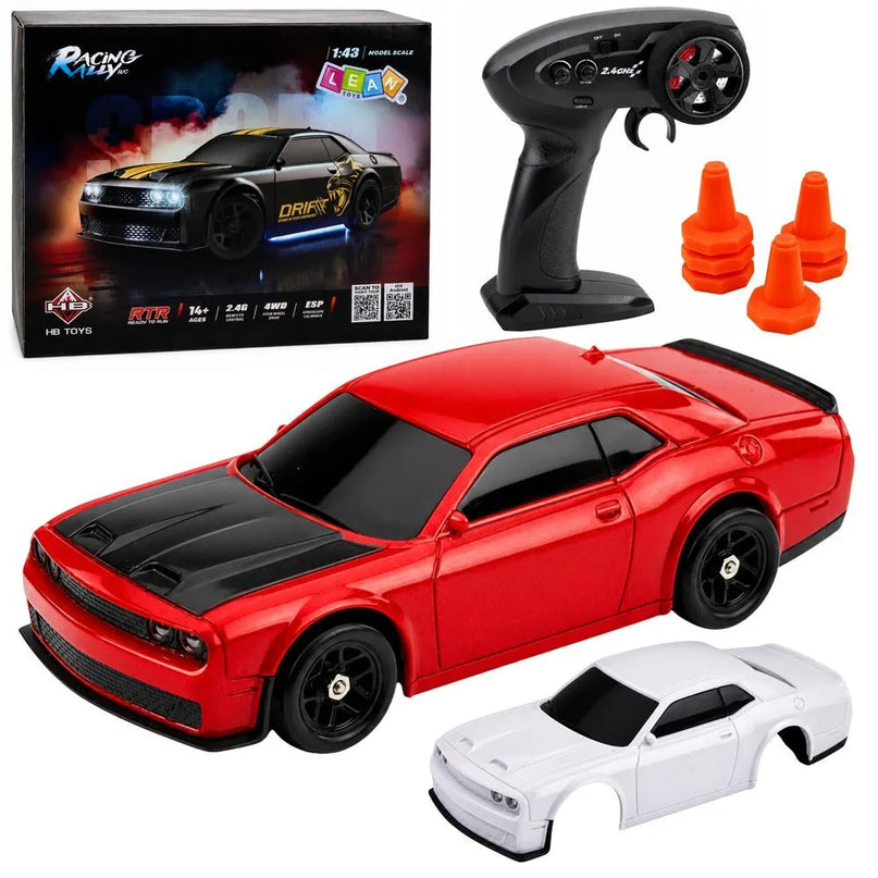 RC drifto sportinis automobilis 4WD su keičiamu kėbulu ir ratais, raudonas, 1:43