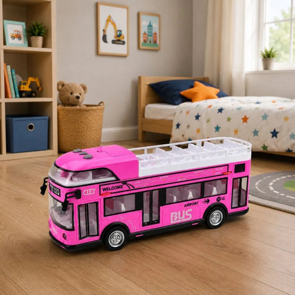 Rožinis dviaukštis miesto autobusas vaikams