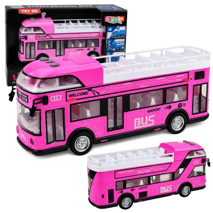 Rožinis dviaukštis miesto autobusas vaikams