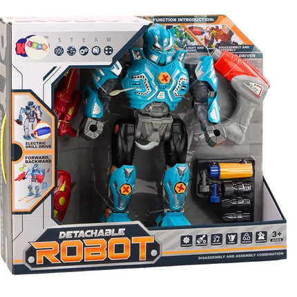 Sukamas robotas su ginklu, grąžtu ir atsuktuvu