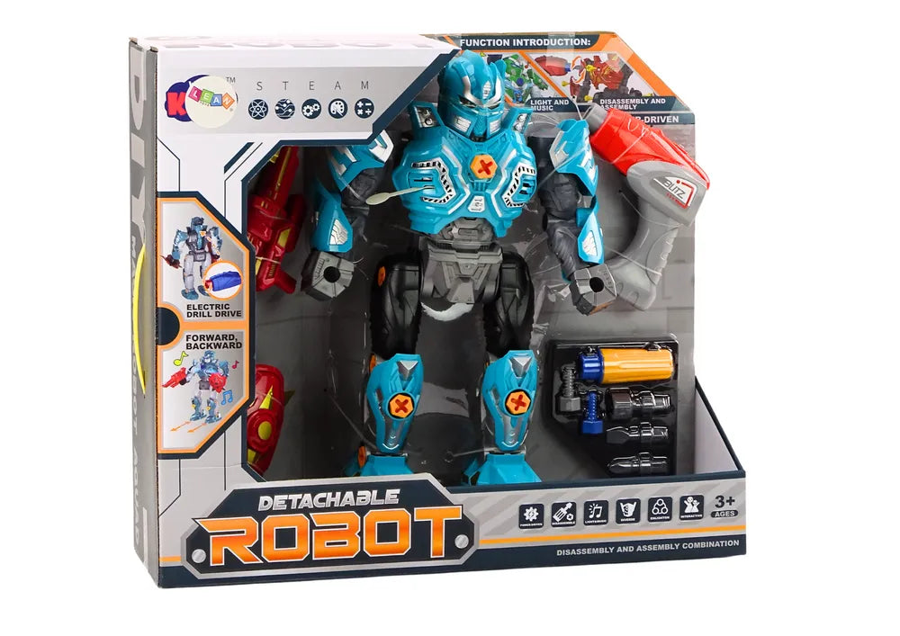 Sukamas robotas su ginklu, grąžtu ir atsuktuvu
